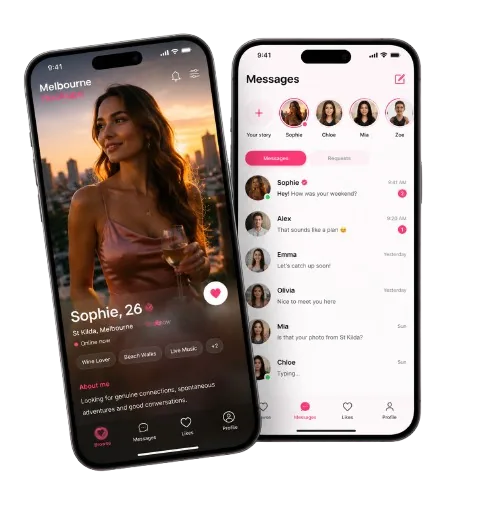 Melbourne Hookups app interface showing nearby profiles, matches and live messaging in one full mobile experience
